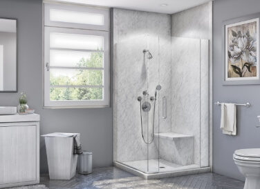 Corner Shower in Frost with Bench Seat