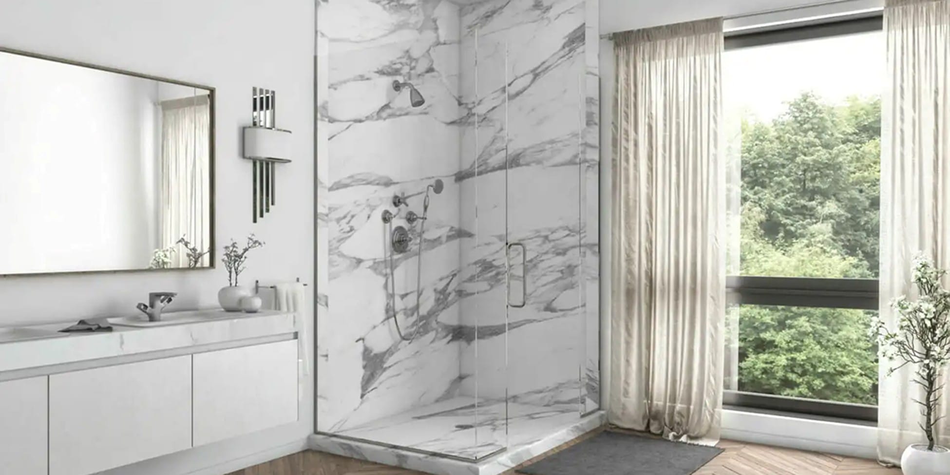 Our shower wall panels are lighter, more flexible, and superior in durability compared to acrylic, fiberglass, tile, and stone—all while being more cost-effective.