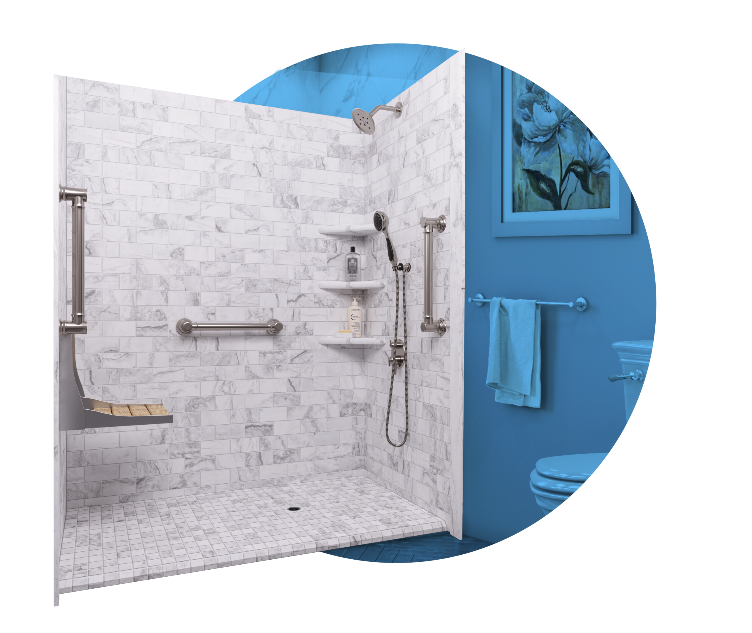 Natural stone look, lifetime warranty, maintenance-free, waterproof, non-slip flooring bathroom.